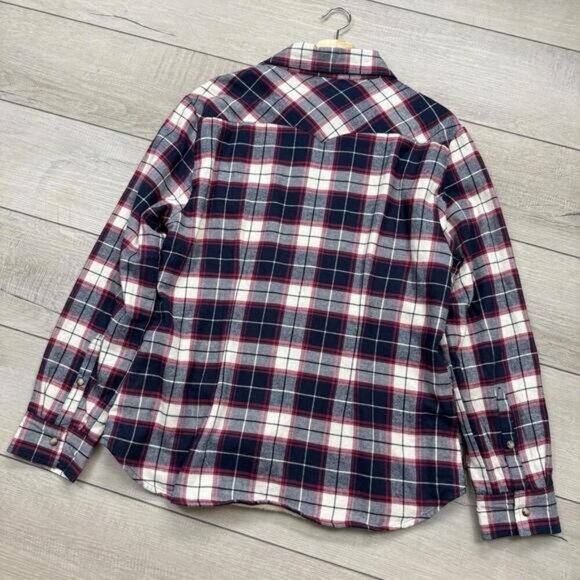 Jachs Girlfriend Sherpa Lined Flannel Shirt Overshirt Plaid Red Navy White Sz L - Picture 5 of 10